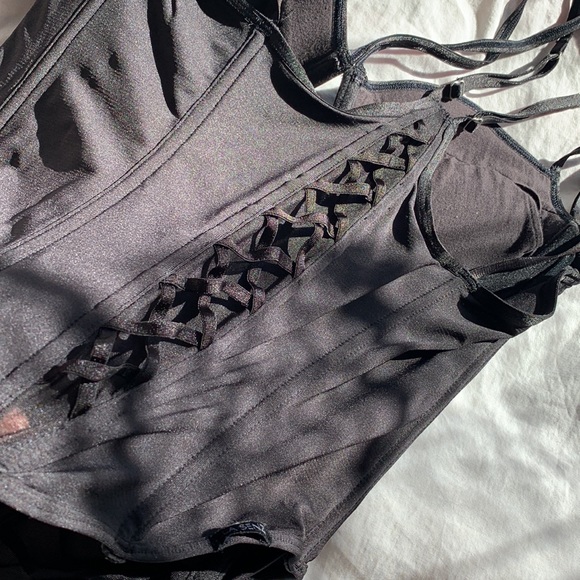 Vintage 90's black padded underwire lace up boned push up corset bustier top L - Picture 5 of 15